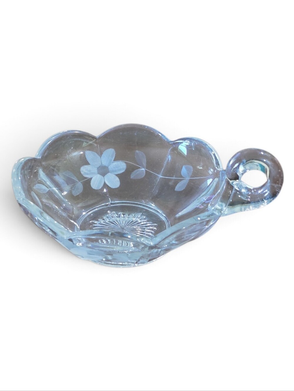 Clear Floral Etched Glass Nappy with Handle